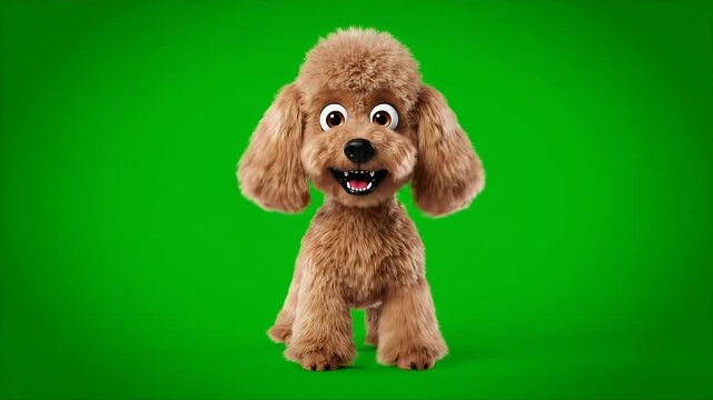 Animation of a Brown Toy Poodle in Varying Moods Against a Green Screen Background and Walking Toward the Camera with