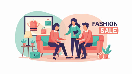 People discussing fashion sale options on a couch, near display