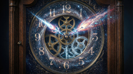 Obraz premium Surreal clock with intricate gears and cosmic elements, blending time and space captivating way