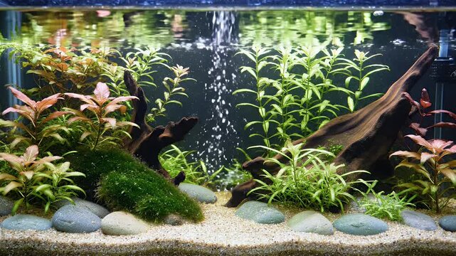 Aquascape Background Lush Green Aquatic Plants and Moss in Clear Water