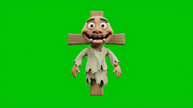 Cartoon Animation Of an Impaled Character with Wooden Cross on Green Screen Background for Halloween Decoration and Fun