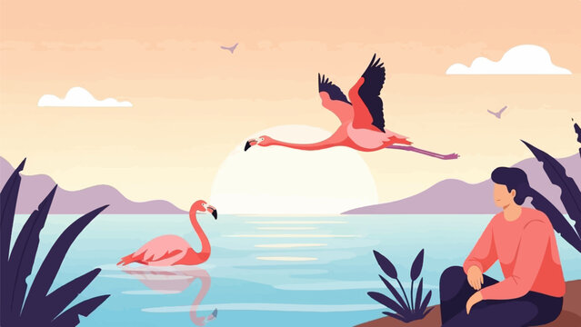 Peaceful lake scene with flamingos and a person at sunset