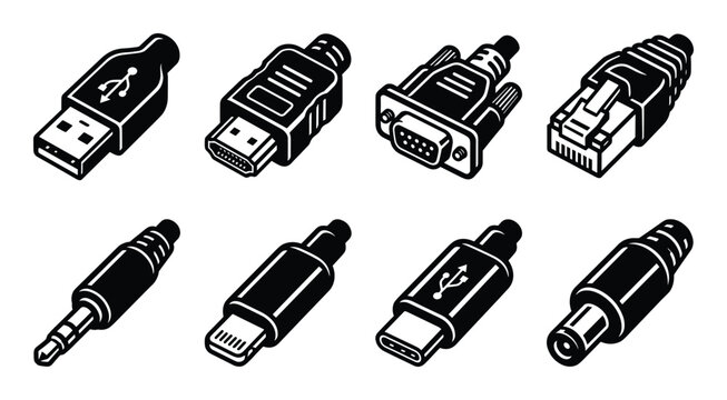 Isometric view of various computer and device connection cables and ports