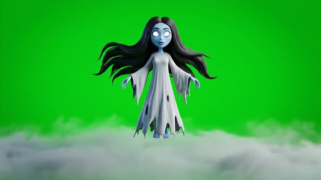 Cartoon Ghost Character Floating on Fog Green Screen Background for Halloween or Spooky Advertisement with Long Black