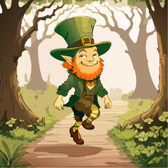 Naklejka premium Smiling cartoon leprechaun with a vibrant pink beard and green hat.