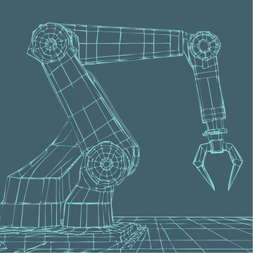 3D wireframe model of an automated industrial robot arm.