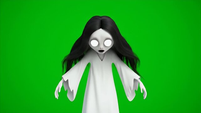 Cartoon Spirit with Blank Stare Black Hair and White Gown on Green Screen Background for Spooky Design Elements and