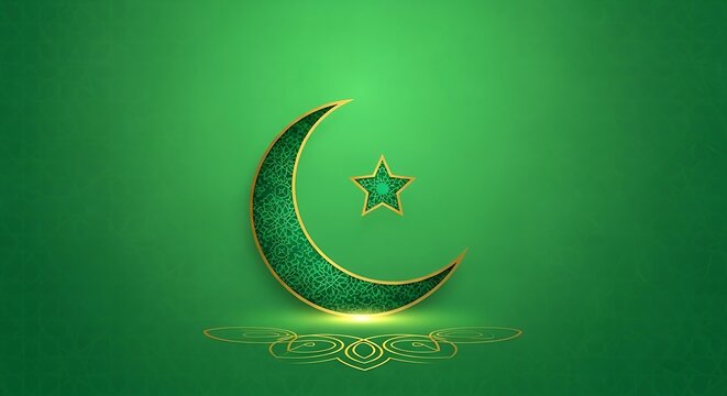 Islamic crescent moon and star symbol on a green textured background with subtle golden accents, representing faith and spirituality