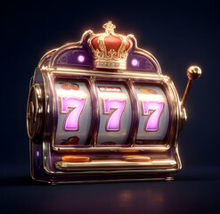 A luxurious golden slot machine with a crown on top showing three 7s