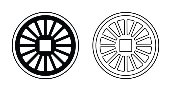 Locomotive wheels illustration, black and white vector line art of train wheel, circular design with spokes and square hub
