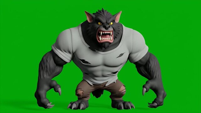 Cartoon Werewolf Roaring with Visible Teeth on Green Screen with Ripped Shirt and Brown Pants Animation Loop Footage