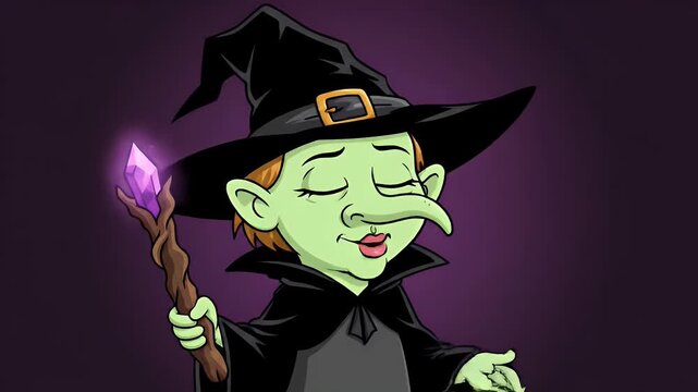 Cartoon Witch Casting Spell with a Crystal Staff on Purple Background with Pixel Art and Black Pointed Hat and Cape