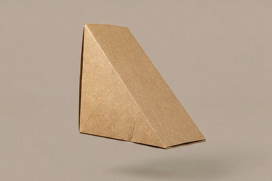 Floating isometric view of a triangular brown kraft paper sandwich or cake slice box