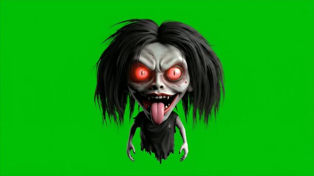 Cartoon Zombie with Glowing Red Eyes, Extended Tongue on Green Screen Background, Halloween Horror Concept, Scary Ghoul