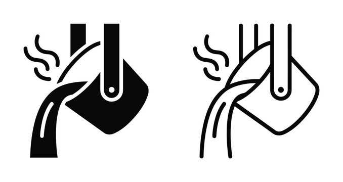 Metal casting process illustration, molten metal pouring from foundry ladle vector icon black and white.