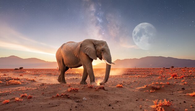 Elephant walking through desert at twilight under starry sky with dust trails and celestial atmosphere.