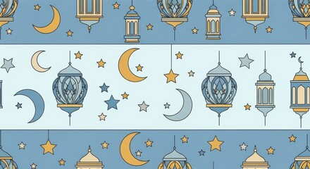 Ramadan Lanterns and Crescent Moons Pattern - Islamic Celebration Background Design