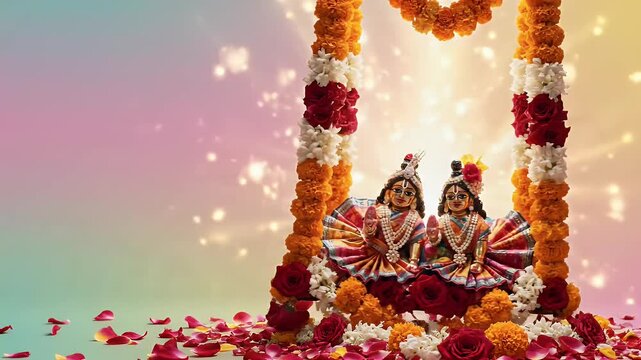 Dol Jatra Decorated Floral Swing with Radha Krishna Idols in Pastel Spring
