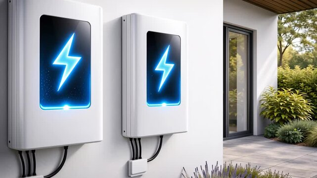 Green electric battery storage system mounted on modern facility wall with renewable energy technology powering high capacity energy storage system at sustainable power plant facility