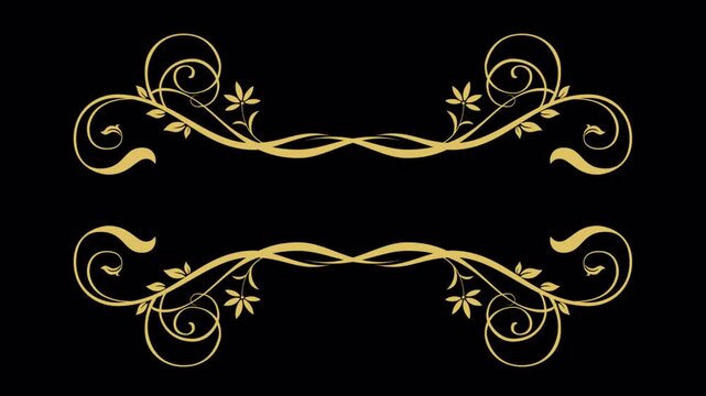 Elegant Golden Floral Swirls Decorative Border on Black Background.