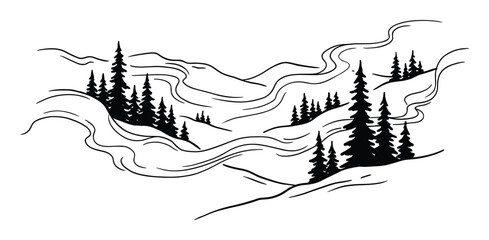 Fototapeta premium Mountain landscape vector illustration with snowy peaks and evergreen trees. Nature scenery, line art style.