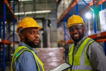 Blue collar workers are working at warehouse.