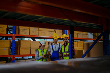 Blue collar workers are working at warehouse.