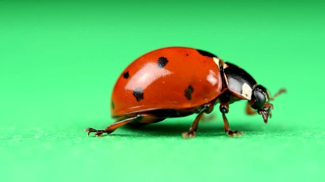 Ladybug Walking on Green Background Studio Shot.