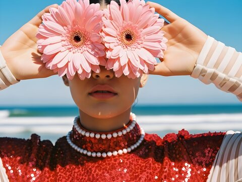 A bright, joyful close-up captures a fashionable model covering their eyes with vibrant pink gerbera daisies while posing in red sequins on a sunny beach.