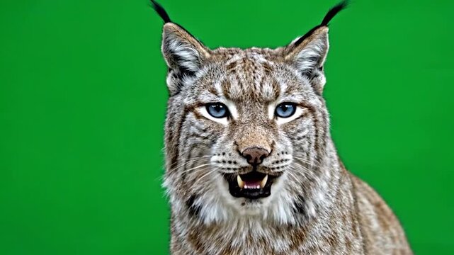 Lynx Closeup Portrait on Green Background.
