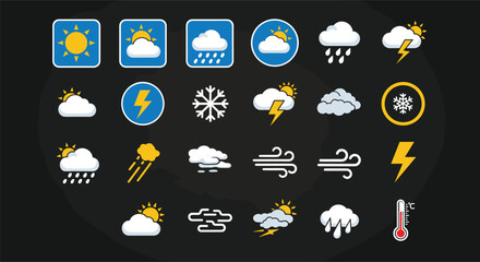 Fototapeta premium Professional weather app icon set featuring sunny cloudy rainy and stormy forecast symbols for mobile interface design.