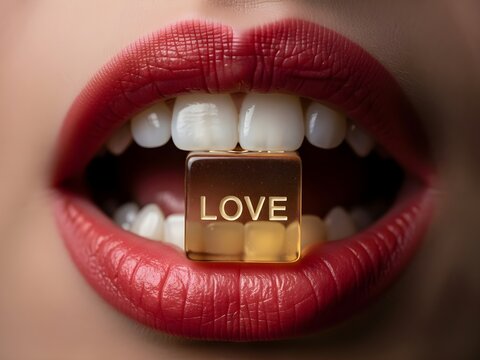 The sensual, extreme close-up features vibrant red lips holding a golden, translucent cube marked "love" between bright white teeth.