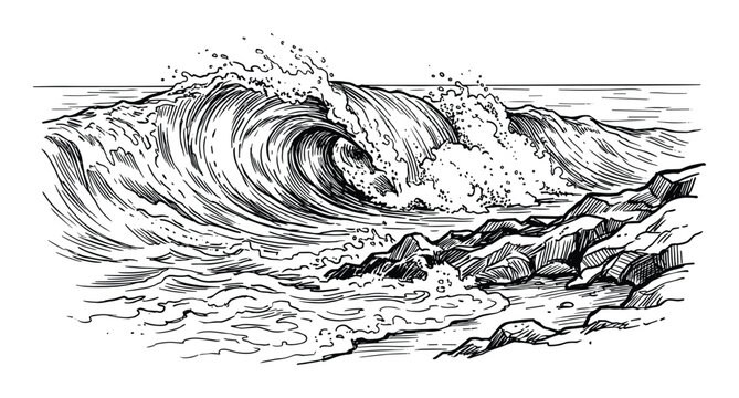 Ocean waves crashing against rocks, detailed black and white line drawing illustration of the sea
