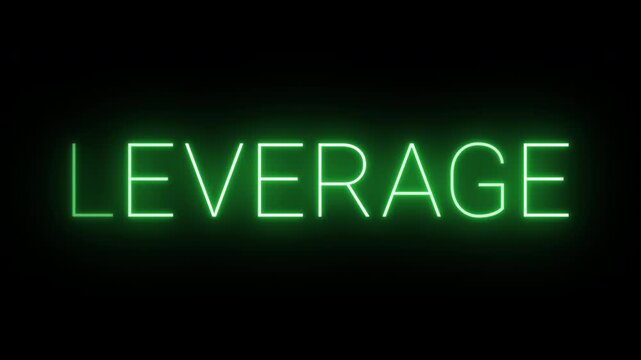 Flickering neon green glowing leverage sign animated black background.