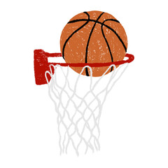 Hand drawn basketball net with ball falling through in chalk style, textured lines and playful scribbles, naive colorful doodle with soft shading, scrapbook friendly element isolated. © Marharyta