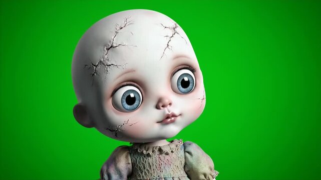 Creepy Doll with Big Blue Eyes on Green Screen Background with Cracked Porcelain Skin and Worn Fabric Isolated for