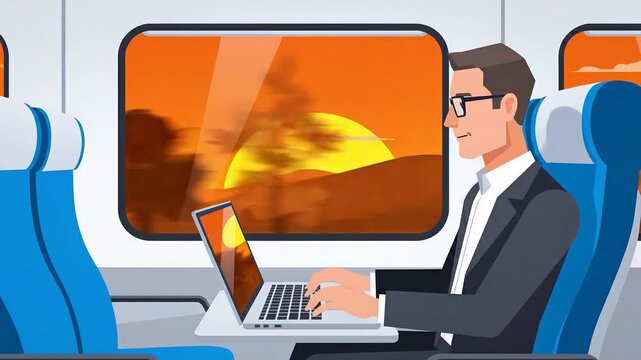 Businessman laptop work train commute window sunrise view, flat design animation footage