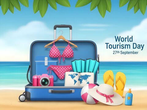 Celebrating world tourism day, this bright 3d vector illustration shows an open blue suitcase packed with summer gear on a tropical beach.