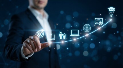 A professional businessman engages with a futuristic interface of education and growth icons, symbolizing innovation and success in a modern digital landscape.