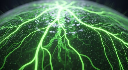 Green Neon Lightning Network Vines Across Dark Surface