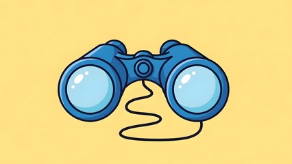 Simple flat illustration of blue binoculars on a yellow background