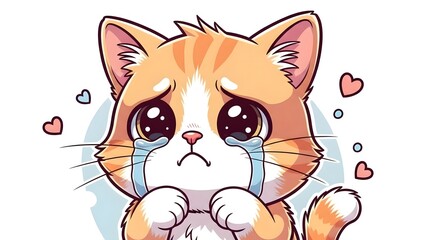 A cute cartoon illustration of an orange and white tabby kitten with large watery eyes and tears surrounded by small hearts