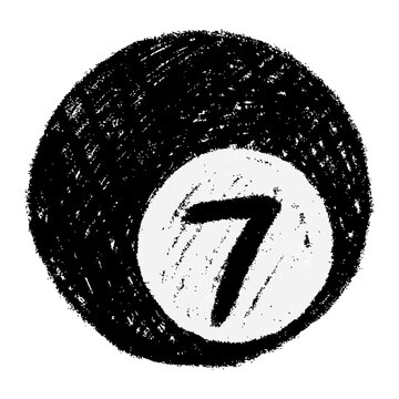 Hand drawn black billiard ball with number seven in chalk style, textured surface and playful scribbles, naive colorful doodle vector illustration, scrapbook friendly element isolated.