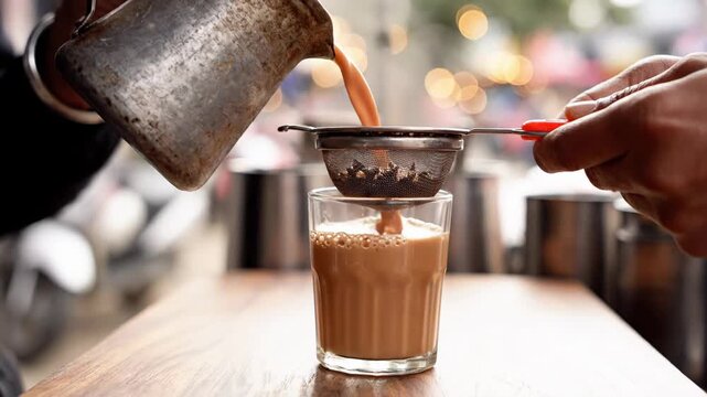 Close Up Of Hands Pouring Masala Chai Tea Through A Sieve Into A Small Glass On A Wooden Table With Bokeh Background Lights