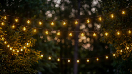 Two curved lines of light bulbs, hanging parallel to each other. Each line consists of multiple light bulbs, all of which are illuminated, emitting a warm yellow glow