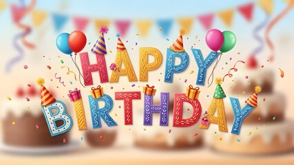 A festive and bright birthday greeting banner with colorful letters balloons party hats and blurred cakes in the background