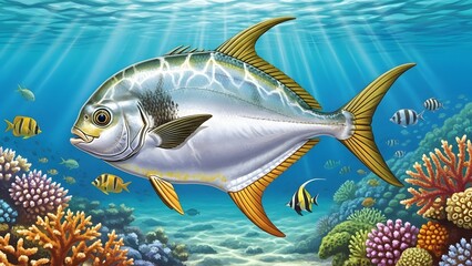 Vibrant illustration of a Pompano fish swimming among colorful coral reefs and tropical fish