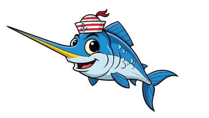 A cheerful blue cartoon swordfish wearing a striped sailor hat with an anchor icon