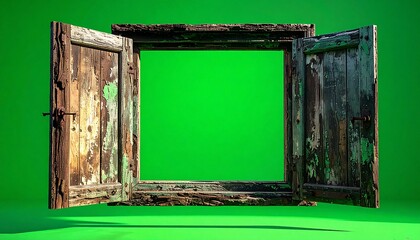 Rustic Wooden Window Frame Open to Green Screen Background