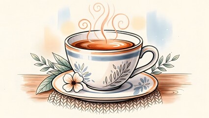 An artistic watercolor drawing of a steaming tea cup with floral patterns on a wooden surface